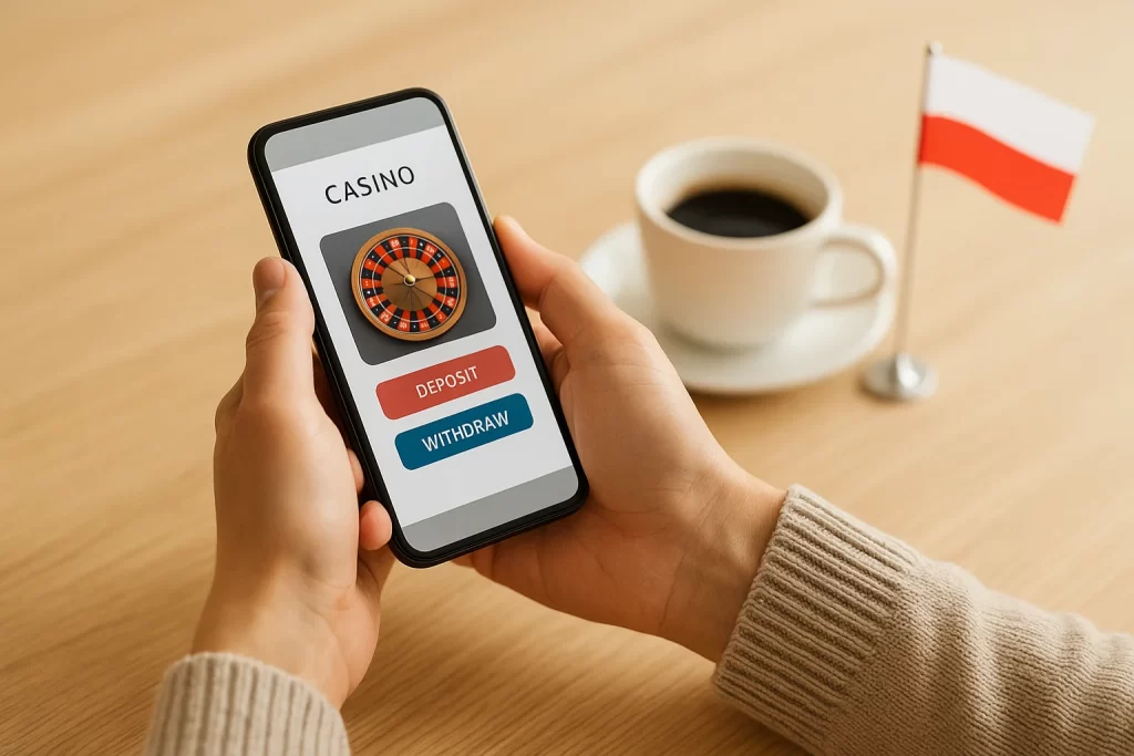 Osoba trzyma smartfon z aplikacją kasynową, obok stoi filiżanka kawy i mała flaga Polski – symbol bezpiecznej i odpowiedzialnej gry online.
