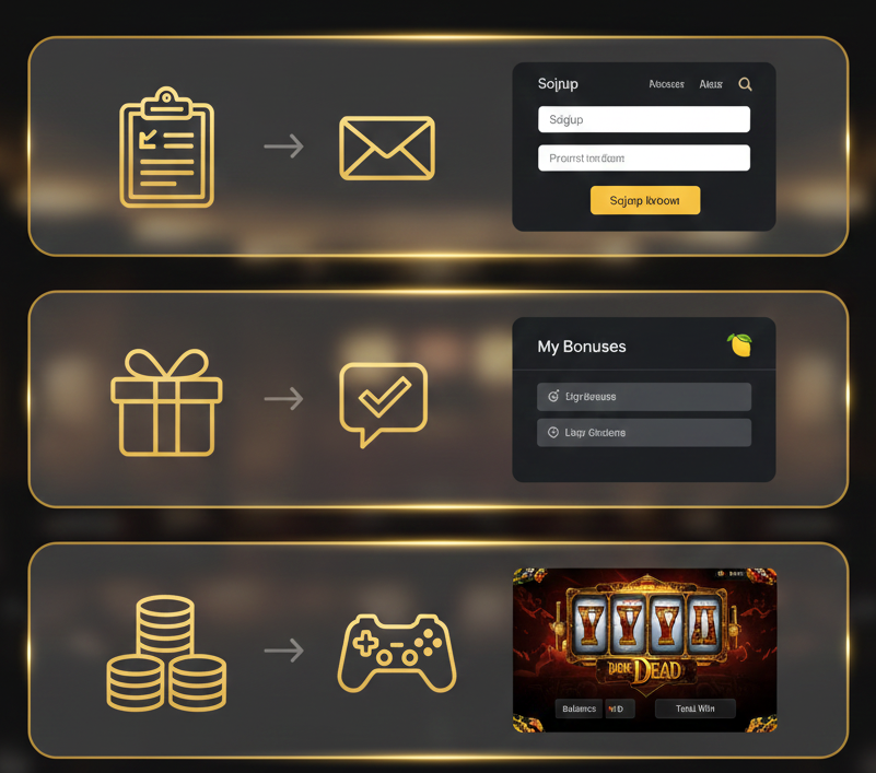 Infografika: Jak odebrać 20 darmowych spinów w Lemon Casino krok po kroku. Proces rejestracji, weryfikacji e-mail, otrzymania bonusu i rozpoczęcia gry w Book of Dead.